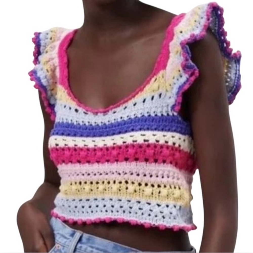Zara Multicolor Crochet crop tank Top ruffle sleeve size Small